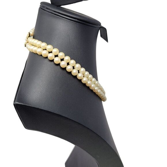 Vintage Glass Faux Pearl Double Strand Princess Necklace Gold Rhinestone Flower - Picture 8 of 11